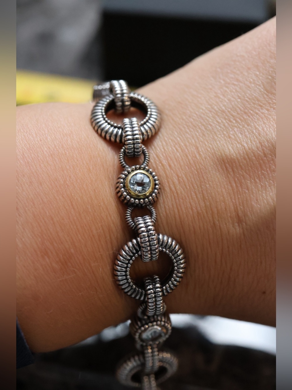 Sterling Silver Link Bracelet with light blue aquamarines stones 14k,925SS